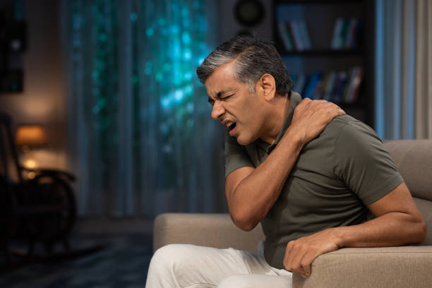 A man suffer from shoulder pain and take homeopathic treatment at Santosh Homoeo Hall and clinic